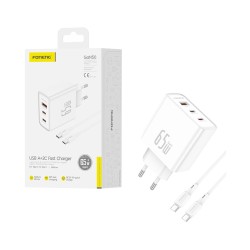 Carregador Foneng Gan50-EU 3 Portas 1 USB-A+2 Tipo-C PD 65W com cabo Tipo-C para Tipo-C 1M Branco